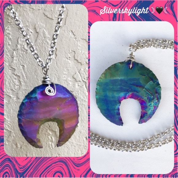 Silverskylight Jewelry - Druzy moon necklace . Reversible purple green yellow druzy quartz gemstone moon